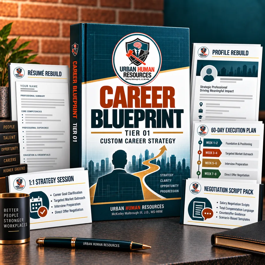 Career Blueprint tier 01: resume and profile rebuild, 1:1 strategy session, 60-day execution plan and negotiation script pack