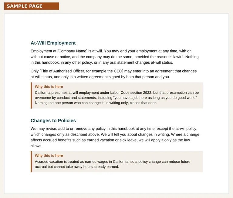 A page from the California employee handbook template