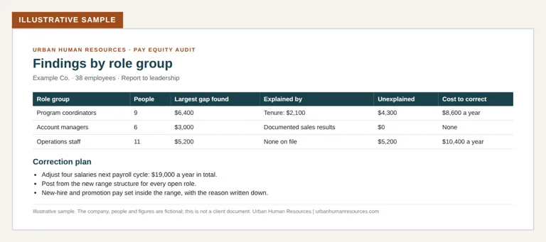 Sample pay equity audit findings by role group