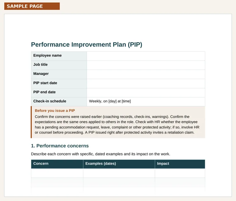 A page from the Performance review & PIP documentation set